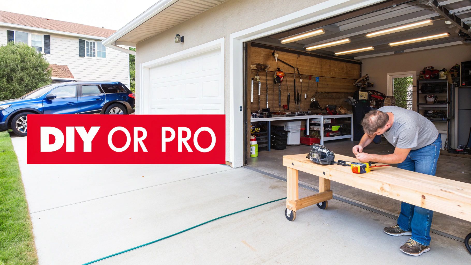 Man performs DIY installation in an open garage with tools and a car in the driveway.