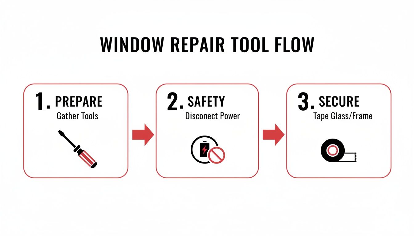 Infographic detailing three steps for window repair: gather tools, disconnect power, and tape glass.