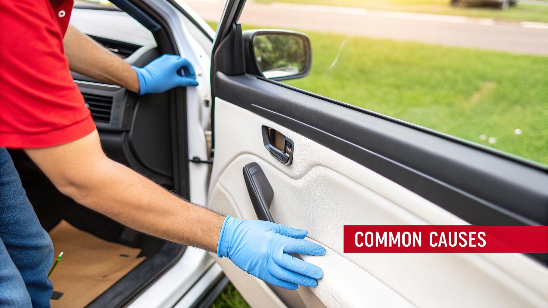 Person examining the inside of a car door with the panel removed