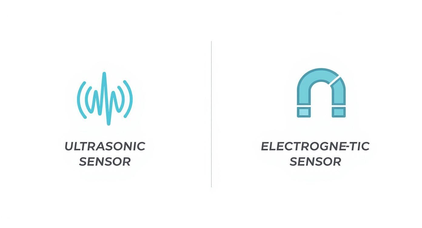 Infographic comparing ultrasonic (sound wave) and electromagnetic (magnet) parking sensor technologies.