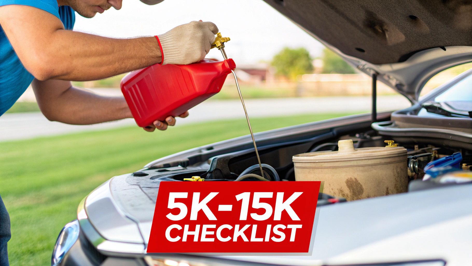 A person in gloves pours fluid from a red container into a car engine during maintenance.