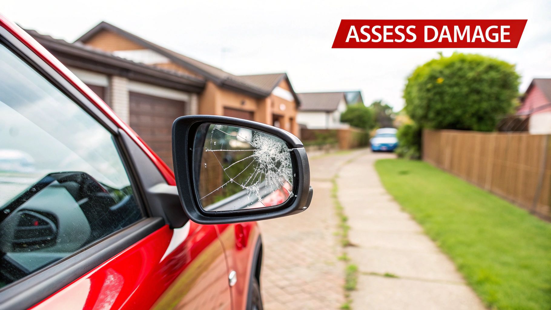 A close-up of a red car with a severely cracked side mirror, reflecting a suburban street.