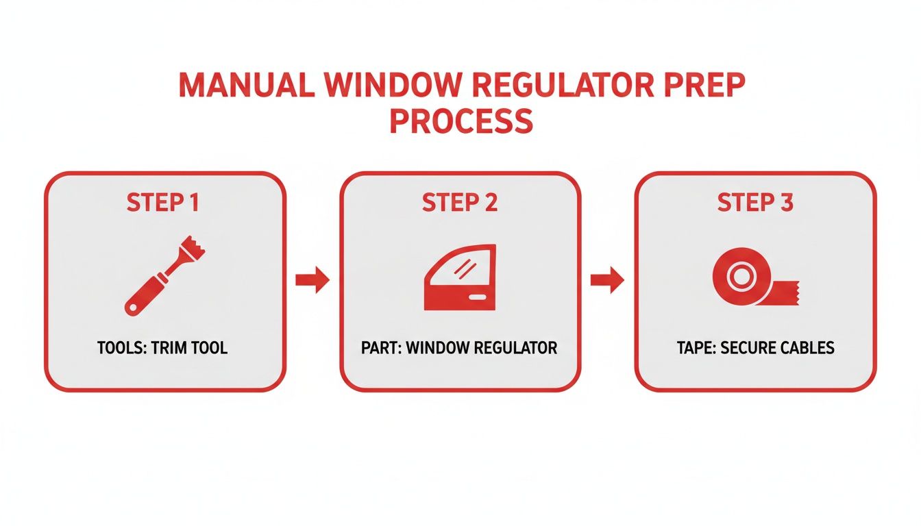 A three-step visual guide detailing the manual window regulator preparation process, showing a trim tool, window regulator part, and tape to secure cables.