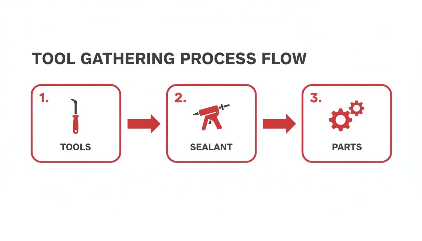 A flowchart illustrates the tool gathering process: 1. Tools, 2. Sealant, 3. Parts, connected by arrows.