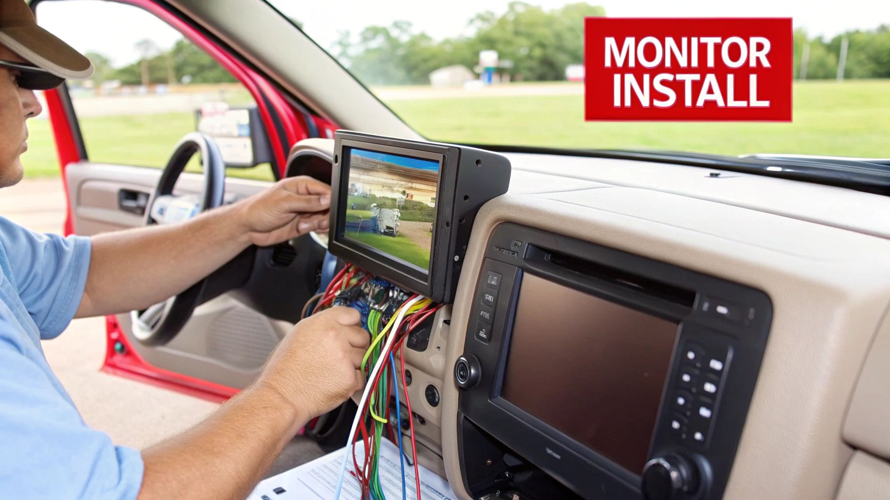 A clean dashboard with a backup camera monitor displaying a clear rear view.