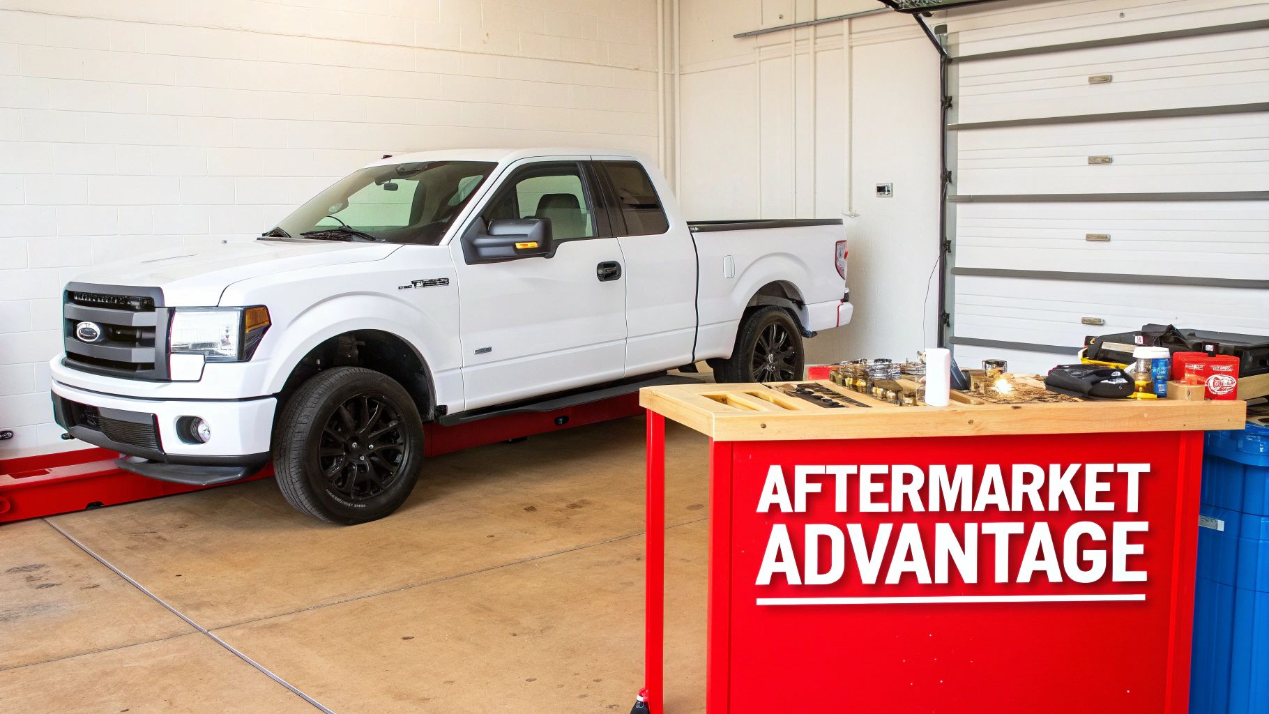 A white Ford F-150 pickup truck on a red lift in a garage, with an 'Aftermarket Advantage' workbench in the foreground.