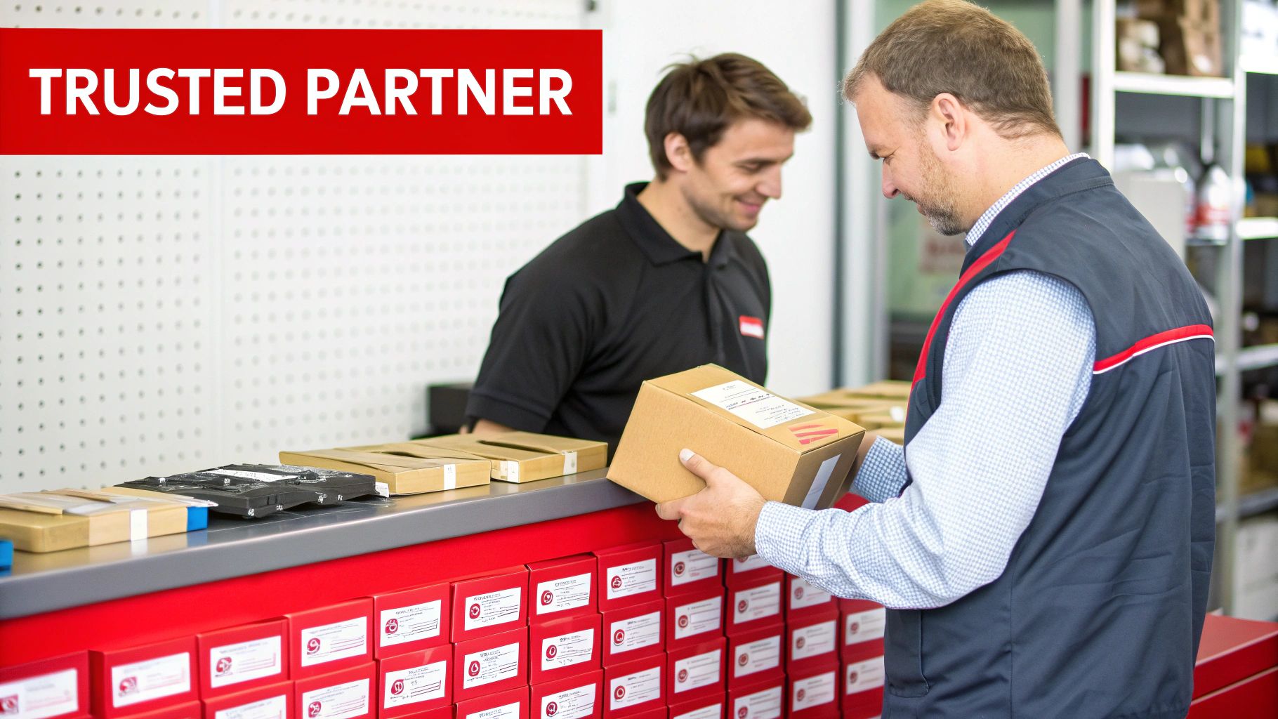 Two men at a service counter, one handing a package to the other, with a "TRUSTED PARTNER" banner.