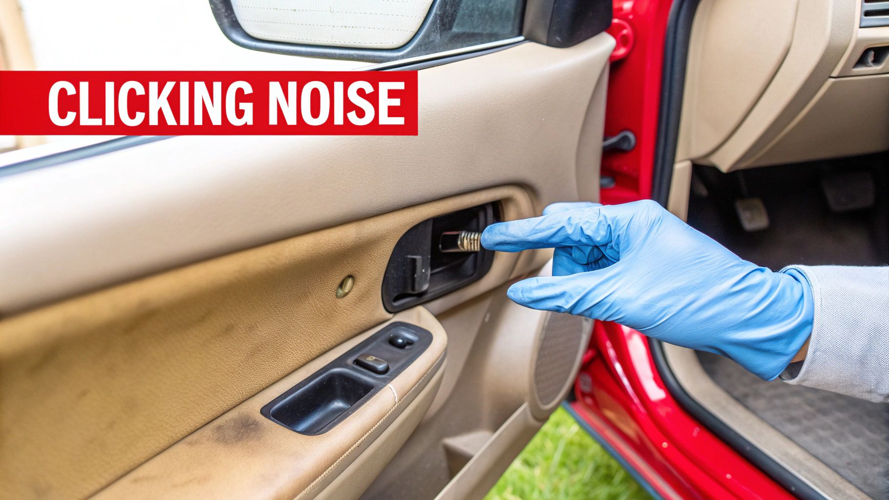 A gloved hand inspects a car's interior door lock mechanism, troubleshooting a clicking noise.