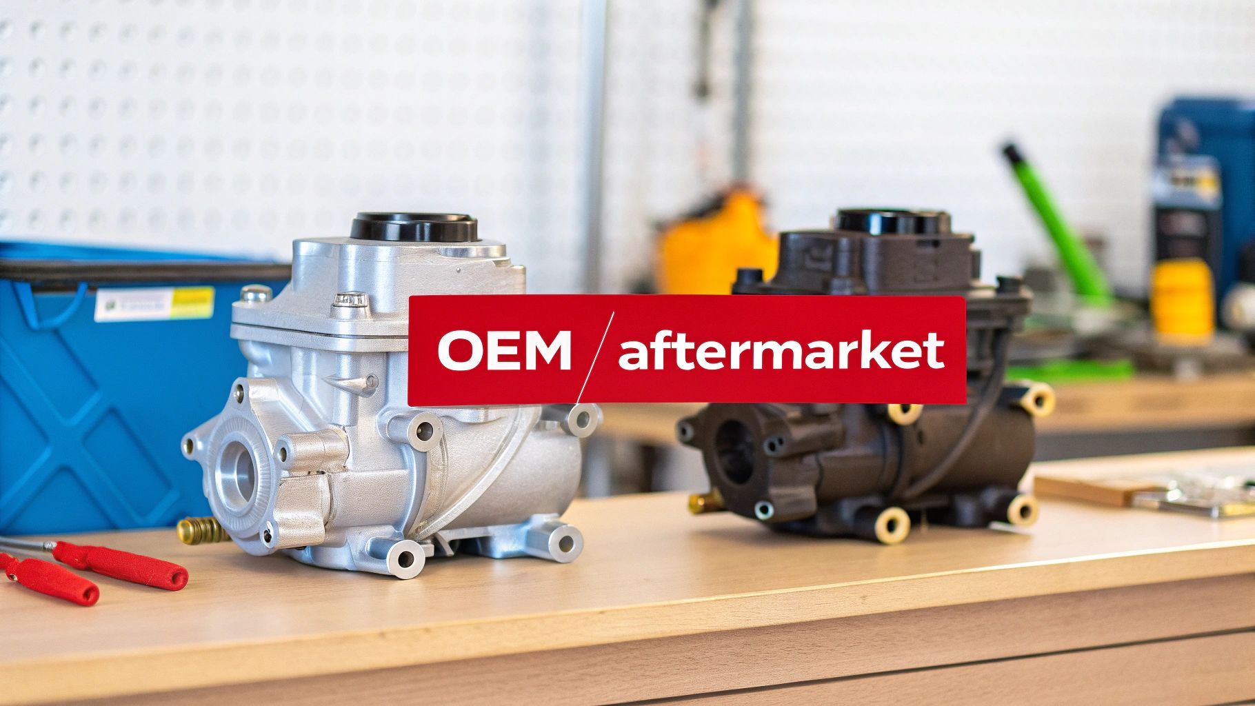 Two automotive components, silver and black, on a workbench with an 'OEM / aftermarket' banner.