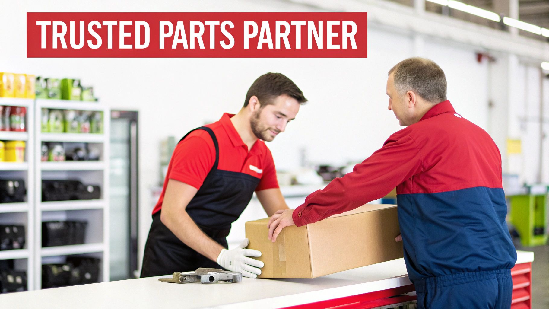 Two skilled workers in a trusted auto parts workshop are exchanging a brown cardboard box.