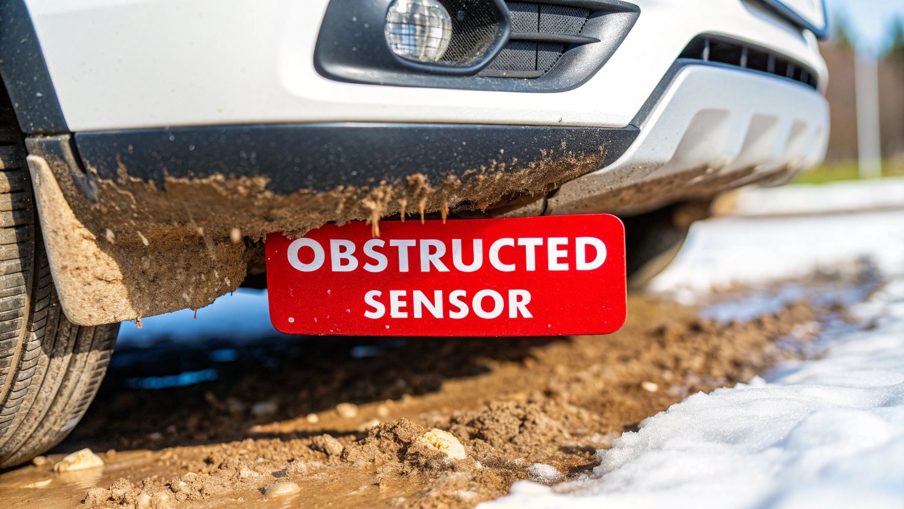 A close-up view of a car's parking sensor mounted on the rear bumper