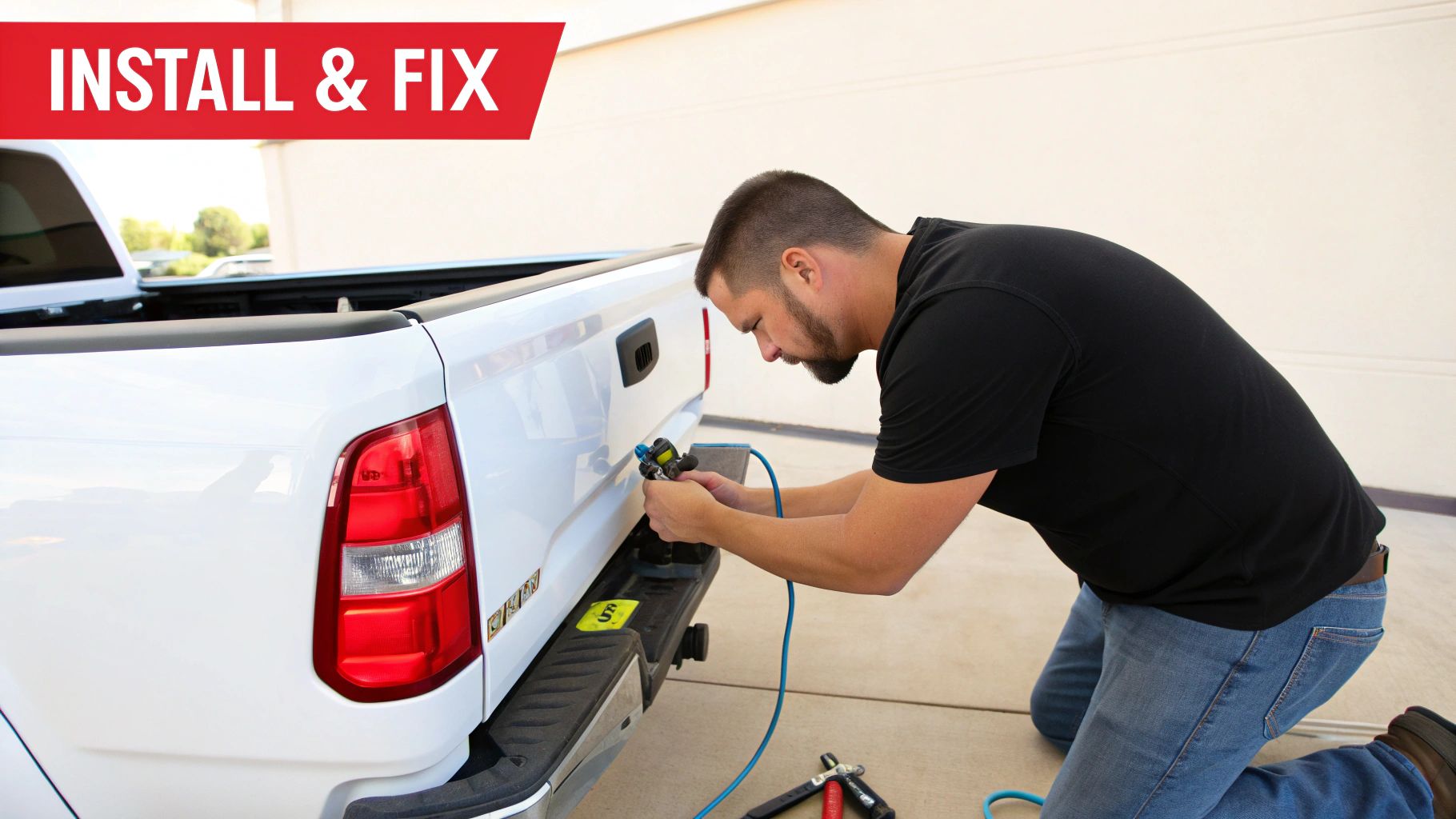 A person's hands are shown connecting the wires for a new backup camera on a truck.
