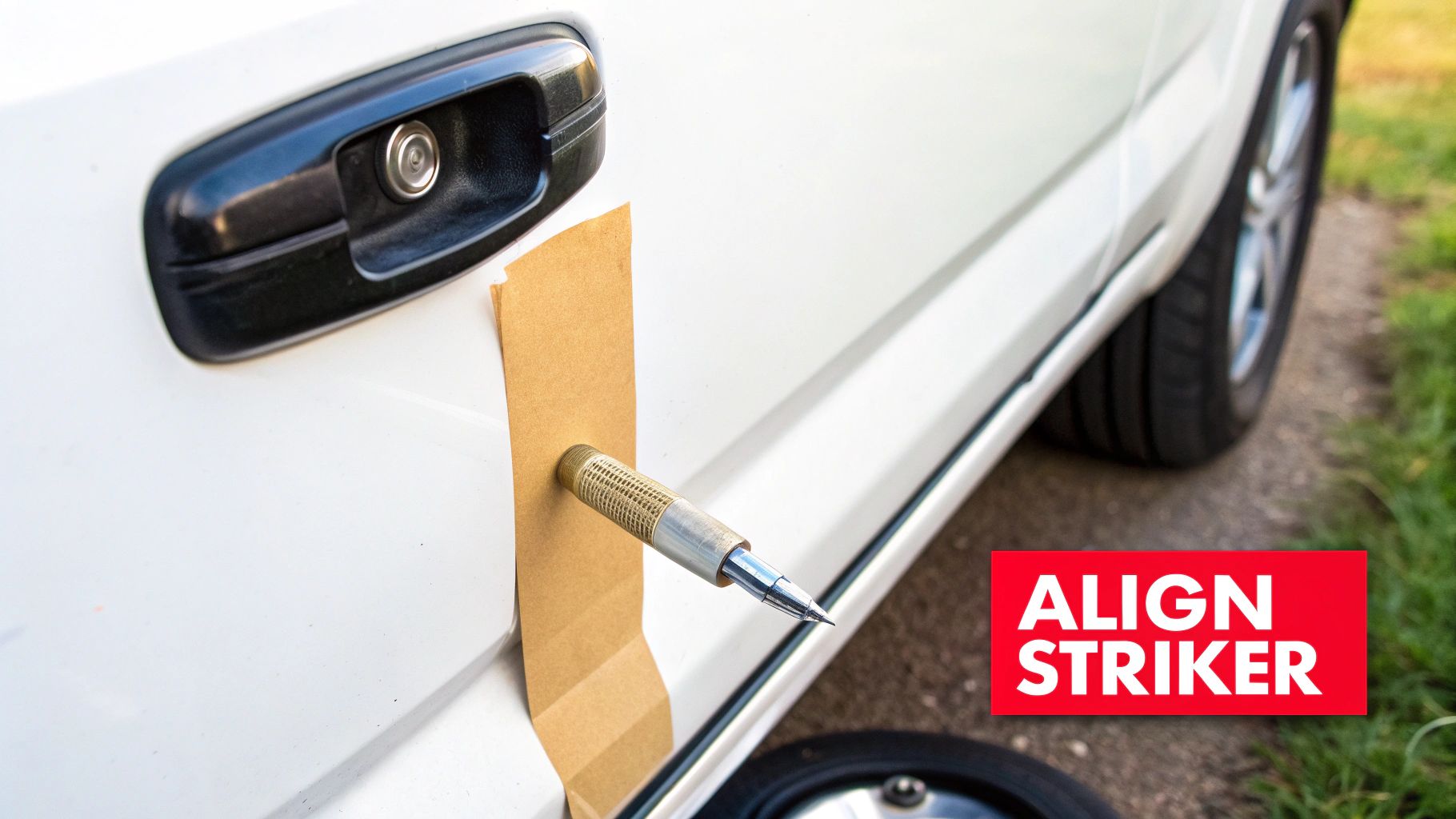 A tool and tape on a white car door, demonstrating the process to align the striker.