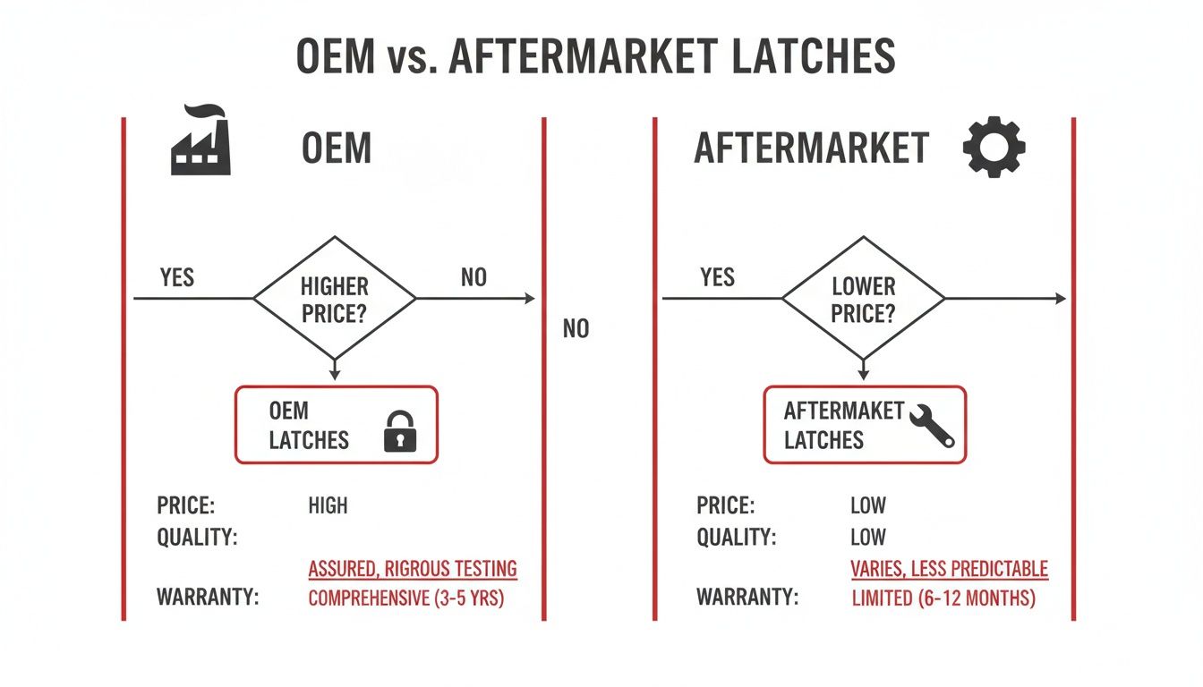 Flowchart comparing OEM vs. Aftermarket latches, highlighting differences in price, quality, and warranty durations.