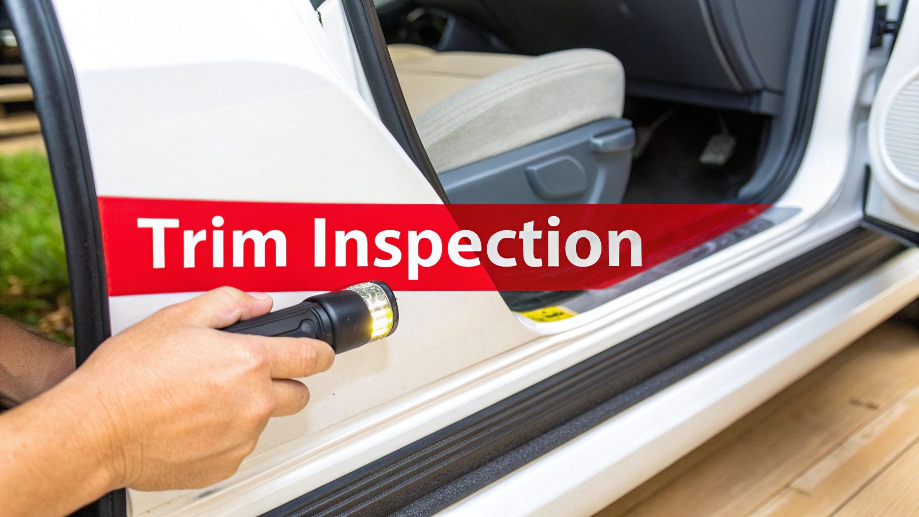 A hand shines a flashlight on the door trim of an open white car during an inspection.