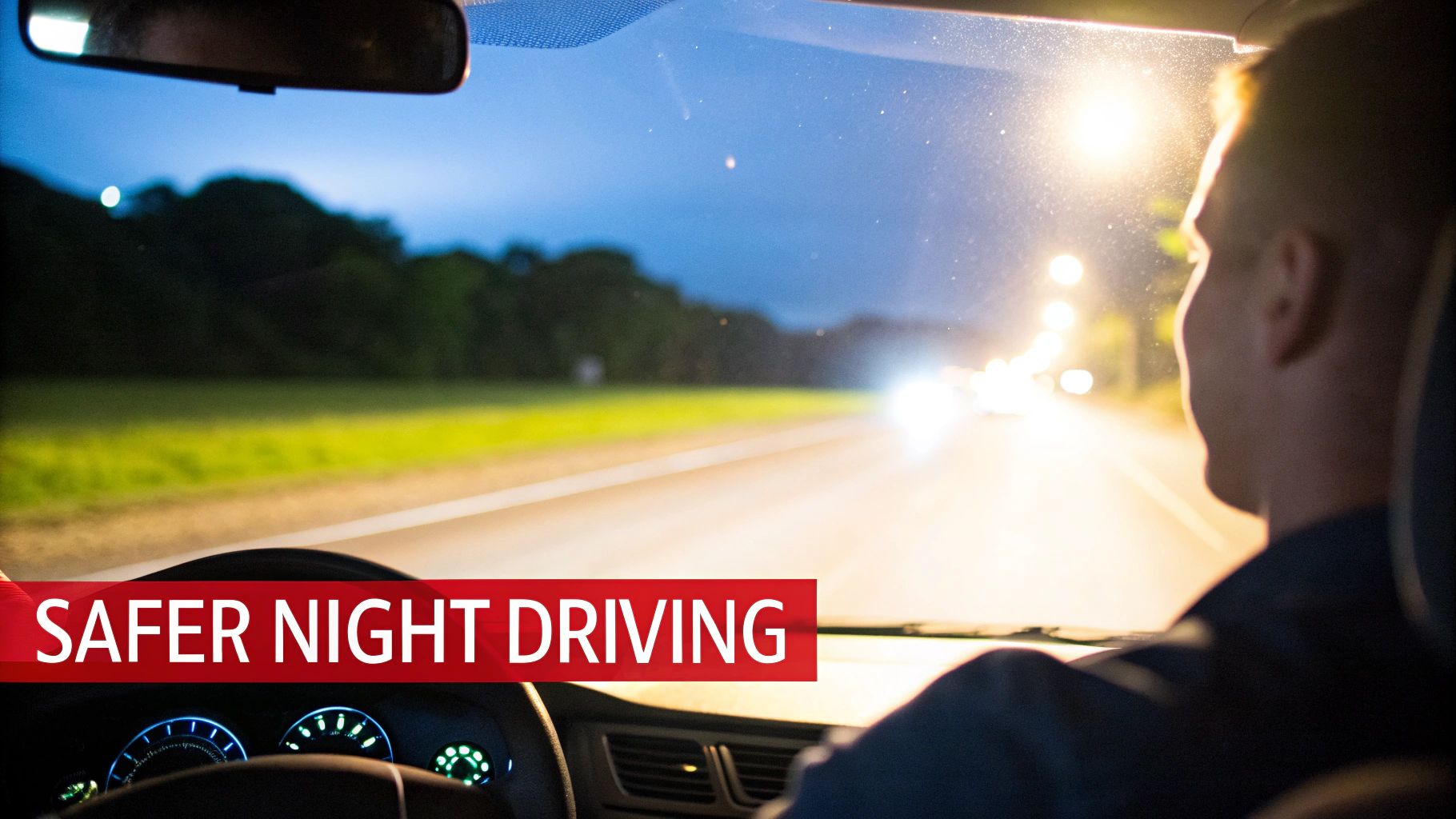 A driver using an auto dimming rear view mirror at night to reduce glare