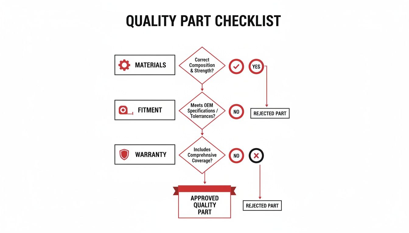 Flowchart illustrating a quality part checklist, evaluating materials, fitment, and warranty for approval or rejection.