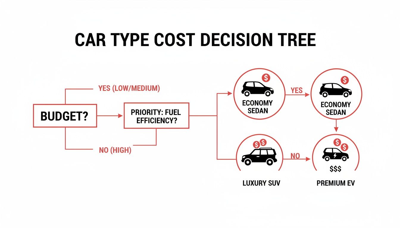 Decision tree diagram for selecting car type based on budget (low/medium, high) and fuel efficiency.