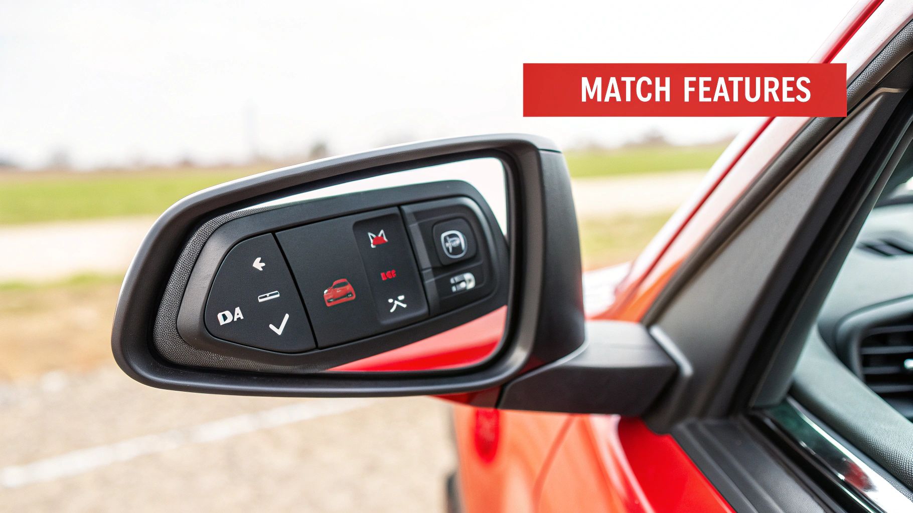 Car side mirror with control buttons showing match features on red vehicle