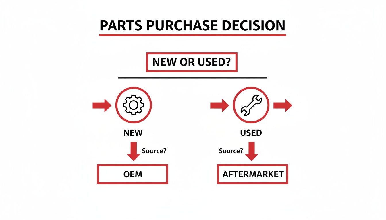 Flowchart illustrating the parts purchase decision process for car components: new (OEM) or used (Aftermarket).