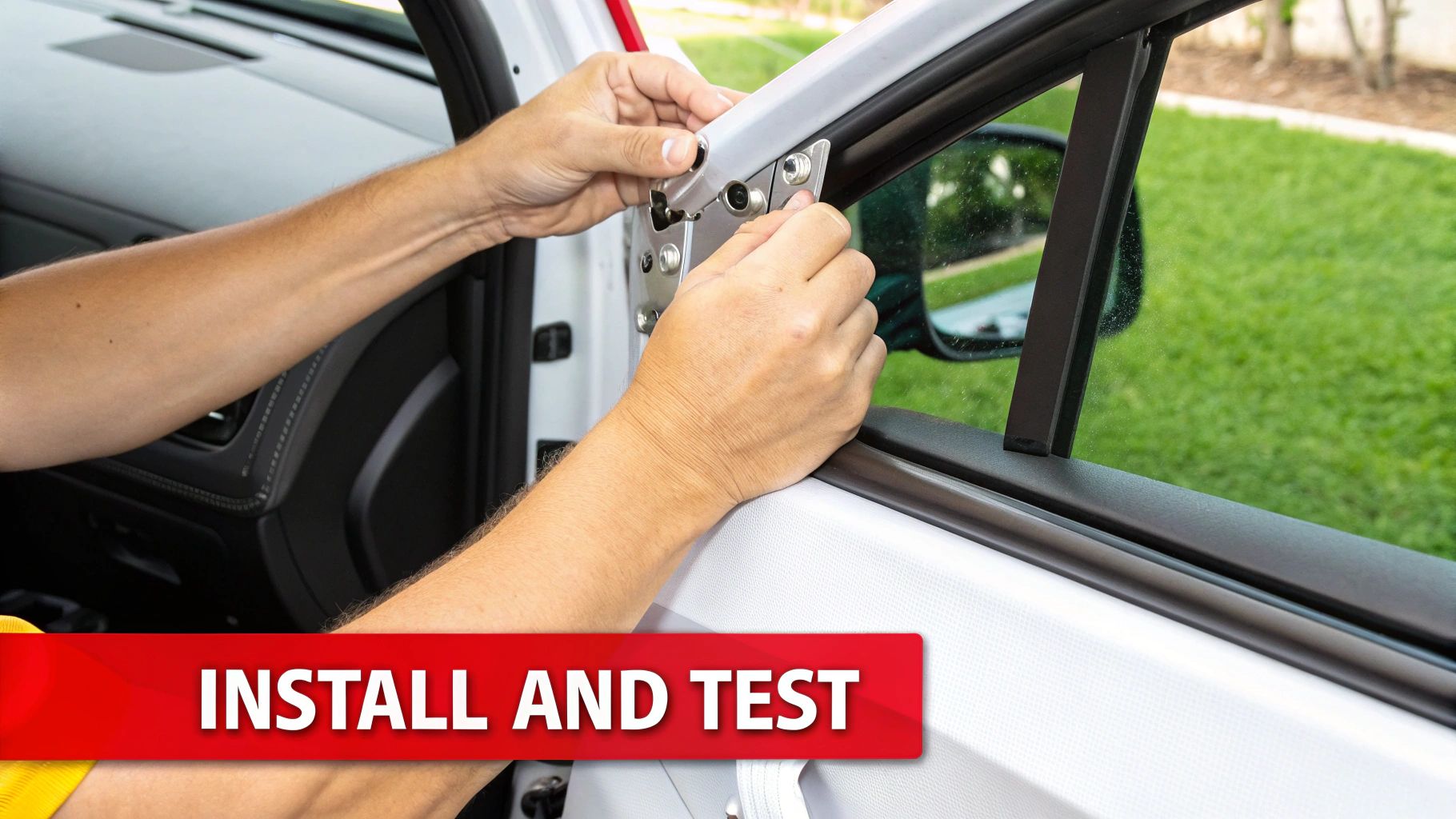 Close-up of hands installing a silver metal component into a car door frame, with a red banner saying 'INSTALL AND TEST'.
