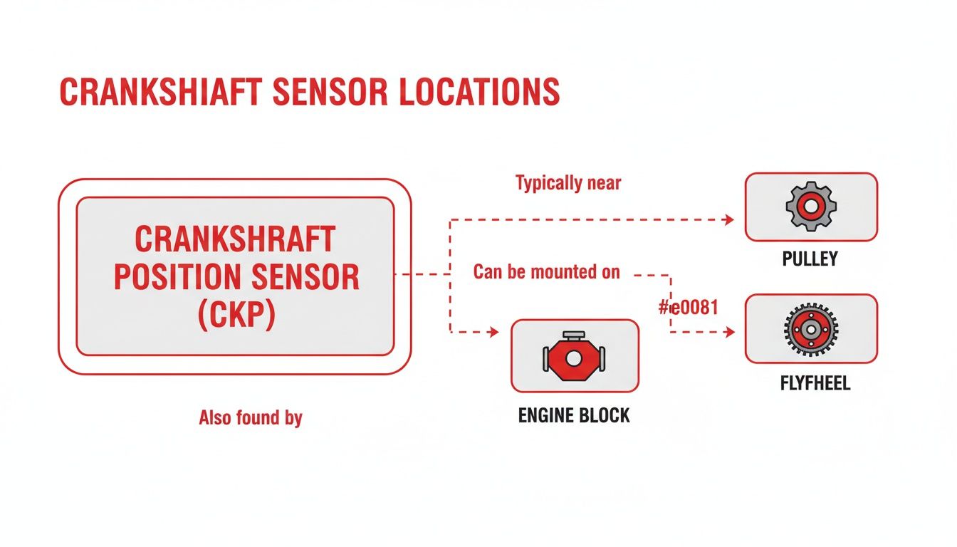 A diagram illustrating crankshaft position sensor (CKP) locations, typically near the pulley, engine block, or flywheel.