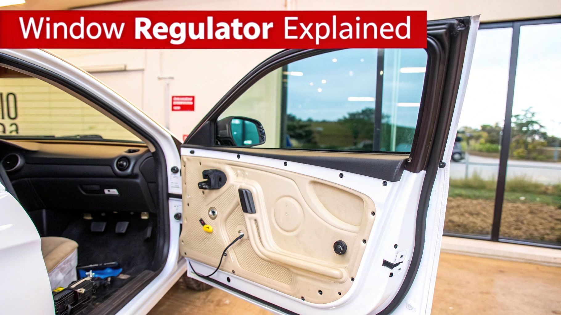 Open white car door with interior panel removed, revealing the window regulator mechanism.