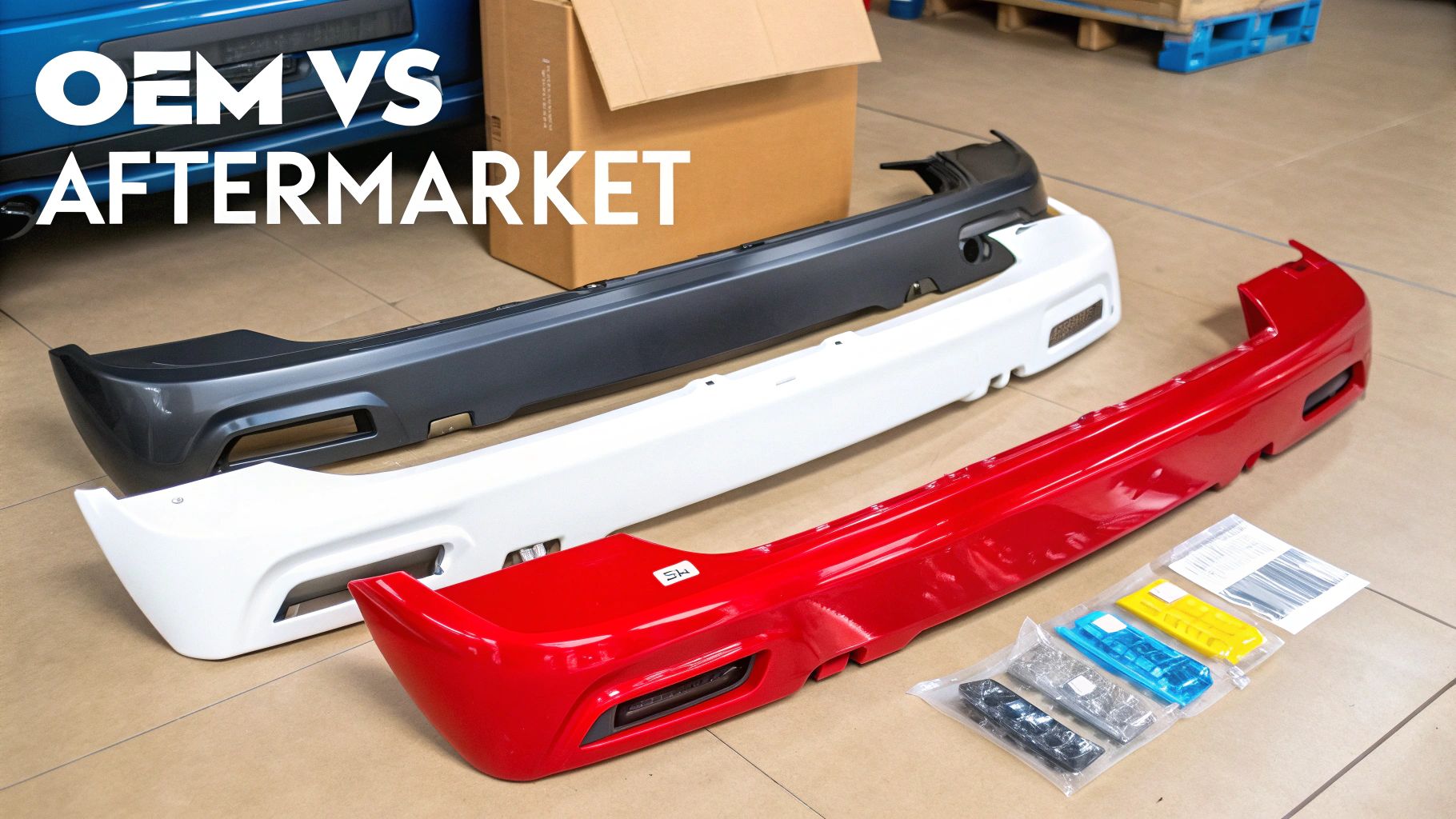 Three car rear bumper diffusers in grey, white, and red, comparing OEM vs aftermarket parts.