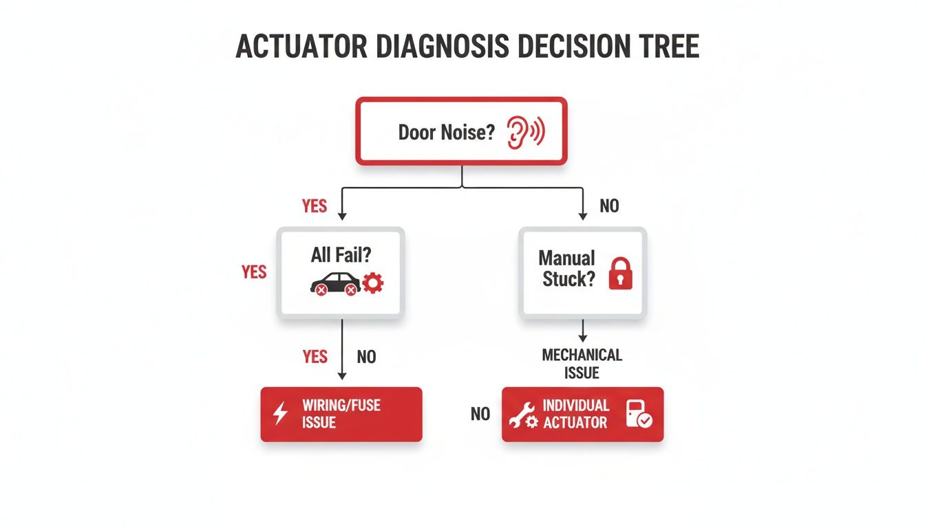Decision tree flowchart for diagnosing door lock actuator issues, guiding from noise to wiring, mechanical, or individual actuator problems.