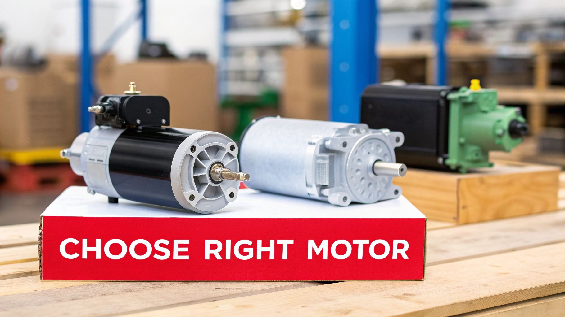 Three electric motors displayed on a white box with "CHOOSE RIGHT MOTOR" text in a warehouse.