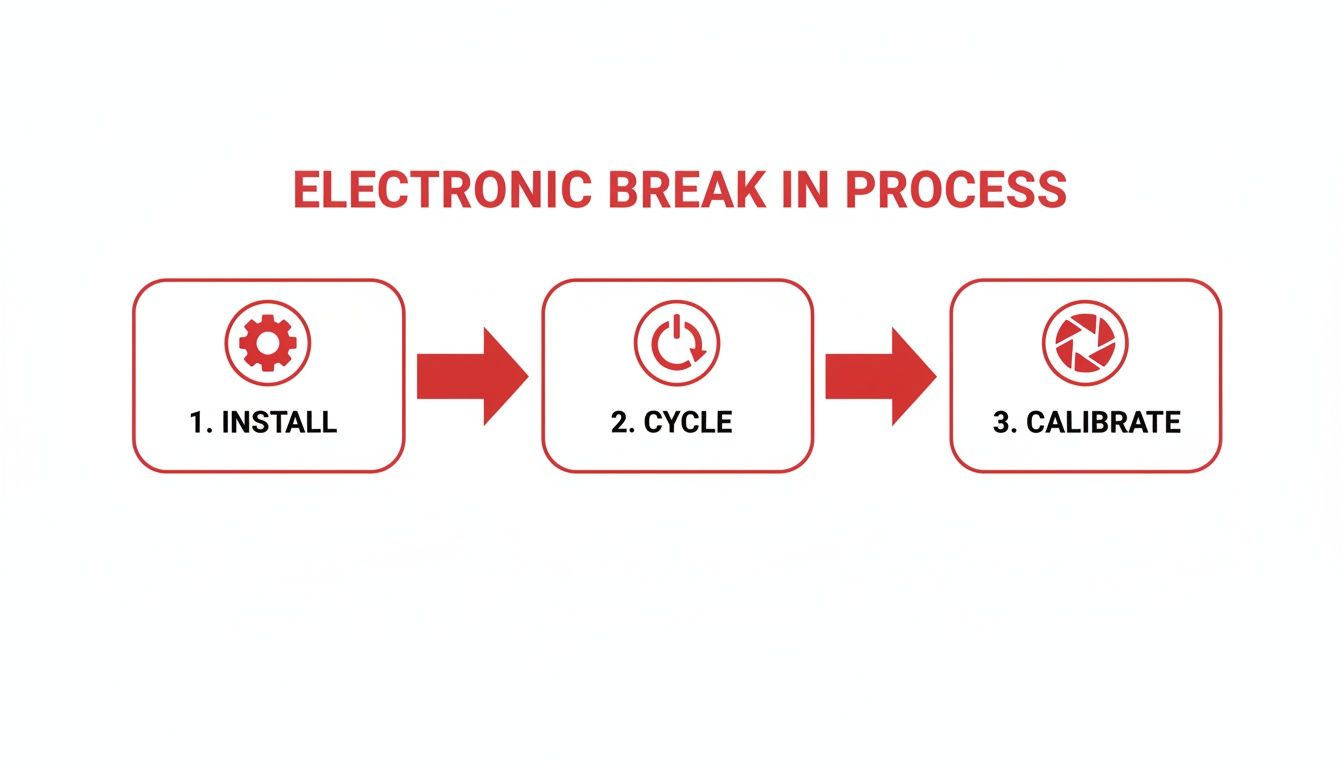 A visual guide detailing the electronic break-in process, showing install, cycle, and calibrate steps.
