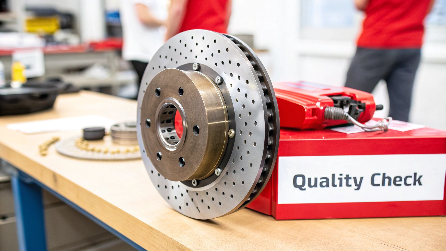 Performance brake rotor with drilled holes on red quality check box in automotive workshop