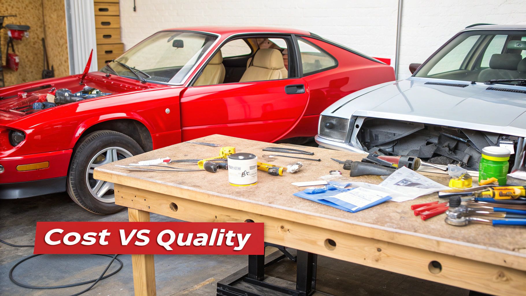 An assortment of OEM and aftermarket car parts laid out for comparison on a workshop floor.