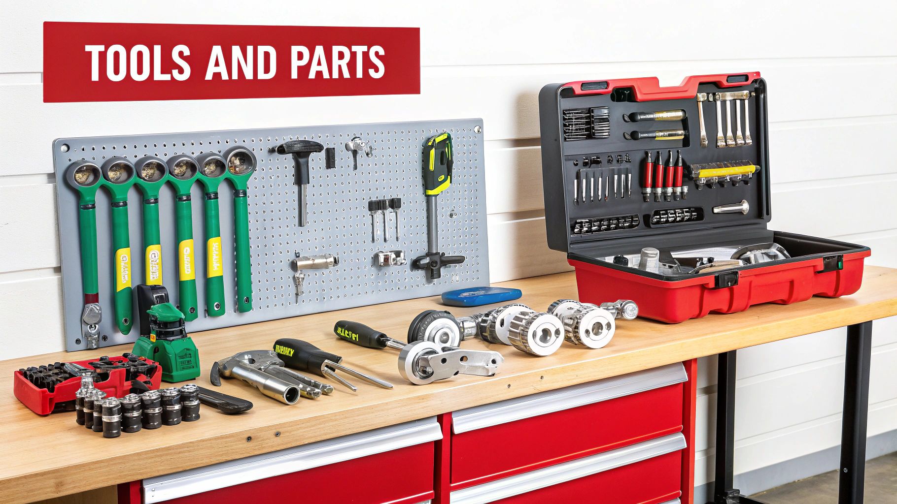 A collection of car repair tools, including a screwdriver set and trim removal tools, laid out neatly.