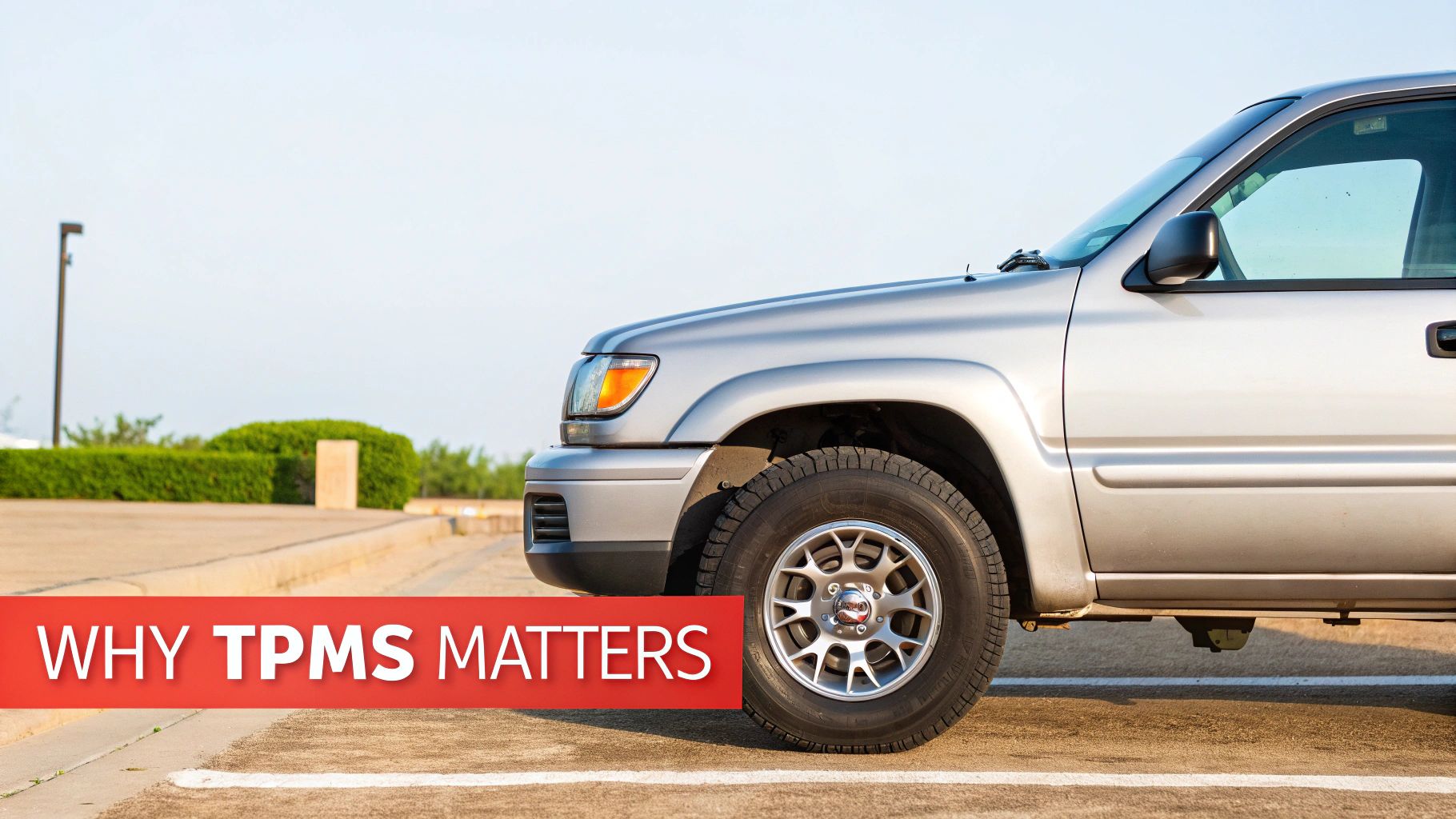 Side view of a silver SUV parked in a lot, with a red banner reading 'WHY TPMS MATTERS'.