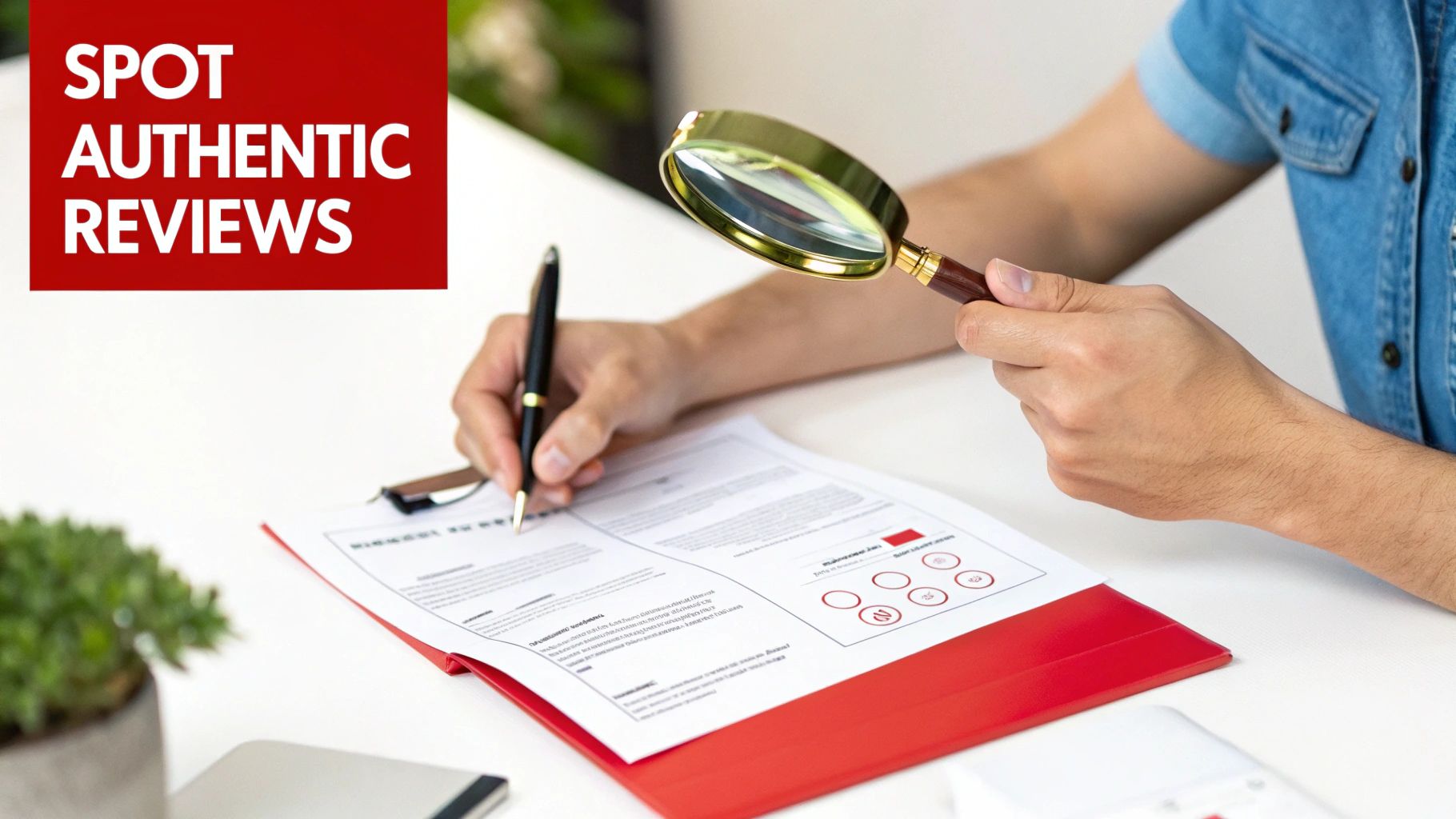 A person closely examining an online review on a tablet screen, highlighting specific details.