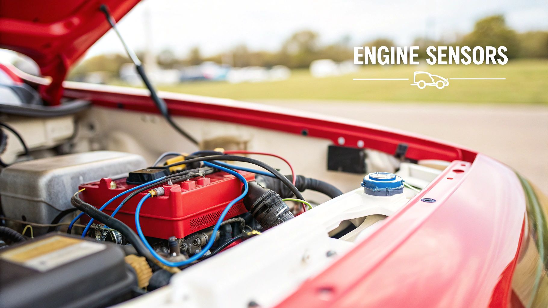 Open hood of a red car revealing the engine bay with various components and wiring.
