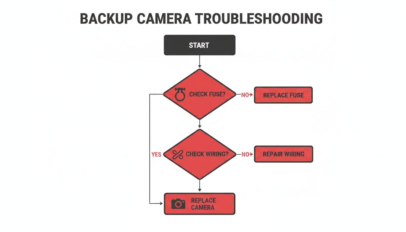 A flowchart for backup camera troubleshooting, detailing steps to check fuses, wiring, and replace parts.