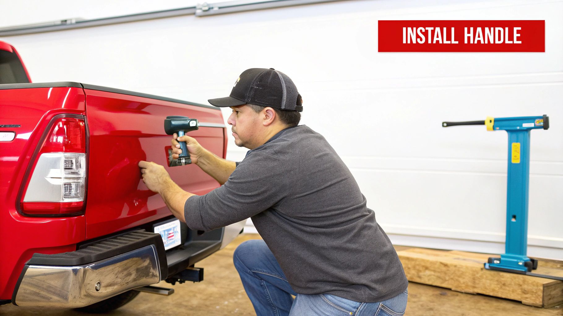 A man in a hat uses a power drill to install a handle on the red tailgate of a pickup truck.