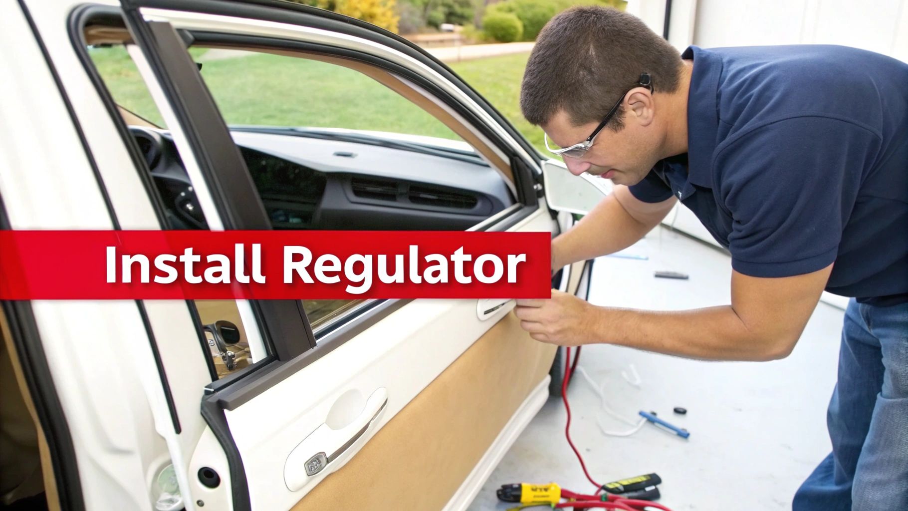 Mechanic installing a new window regulator inside a car door.