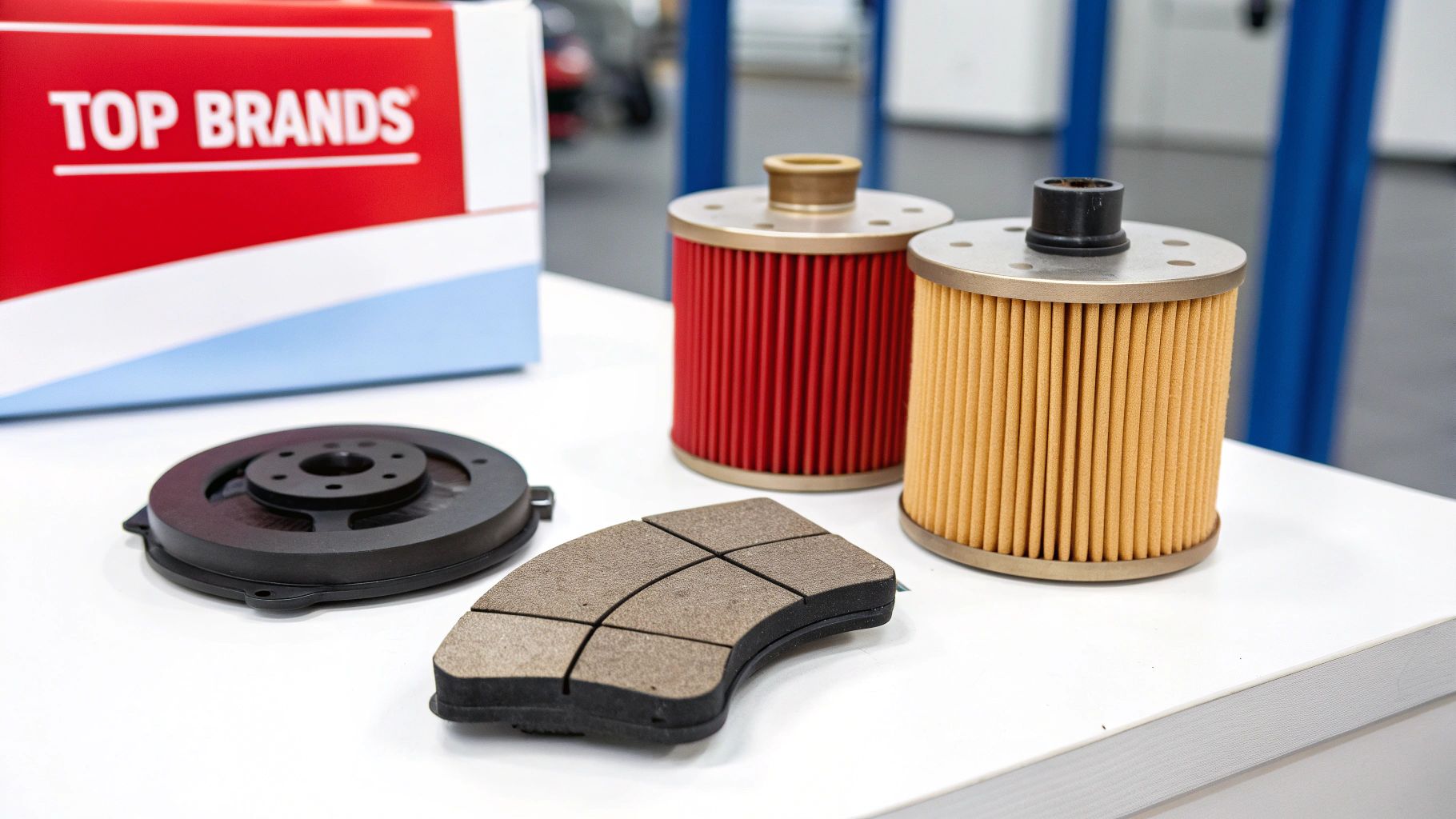 A collection of aftermarket car parts like brake pads and filters arranged on a clean surface.