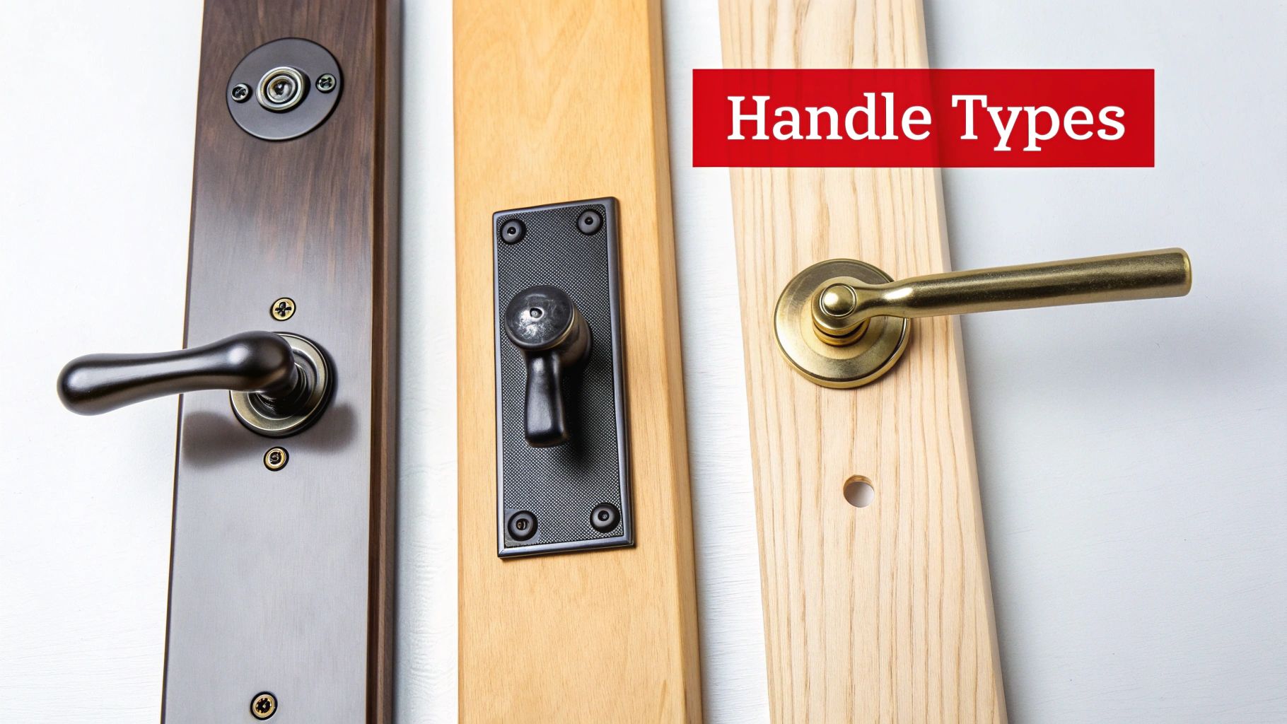 A variety of metal door handles displayed on a surface, showcasing different styles and finishes.