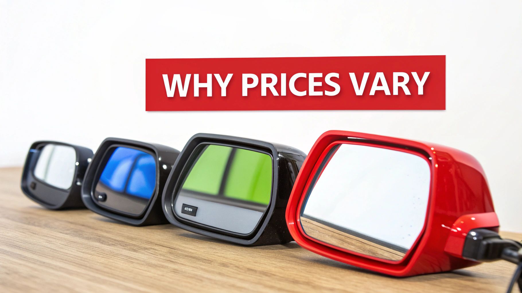 A modern car's sleek side mirror with advanced features, set against a blurred background.