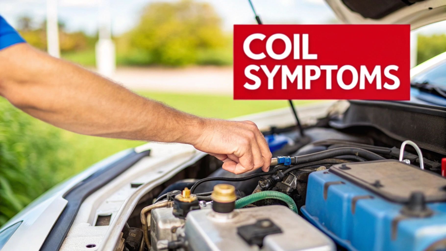 A technician inspecting the ignition coils in a car engine.