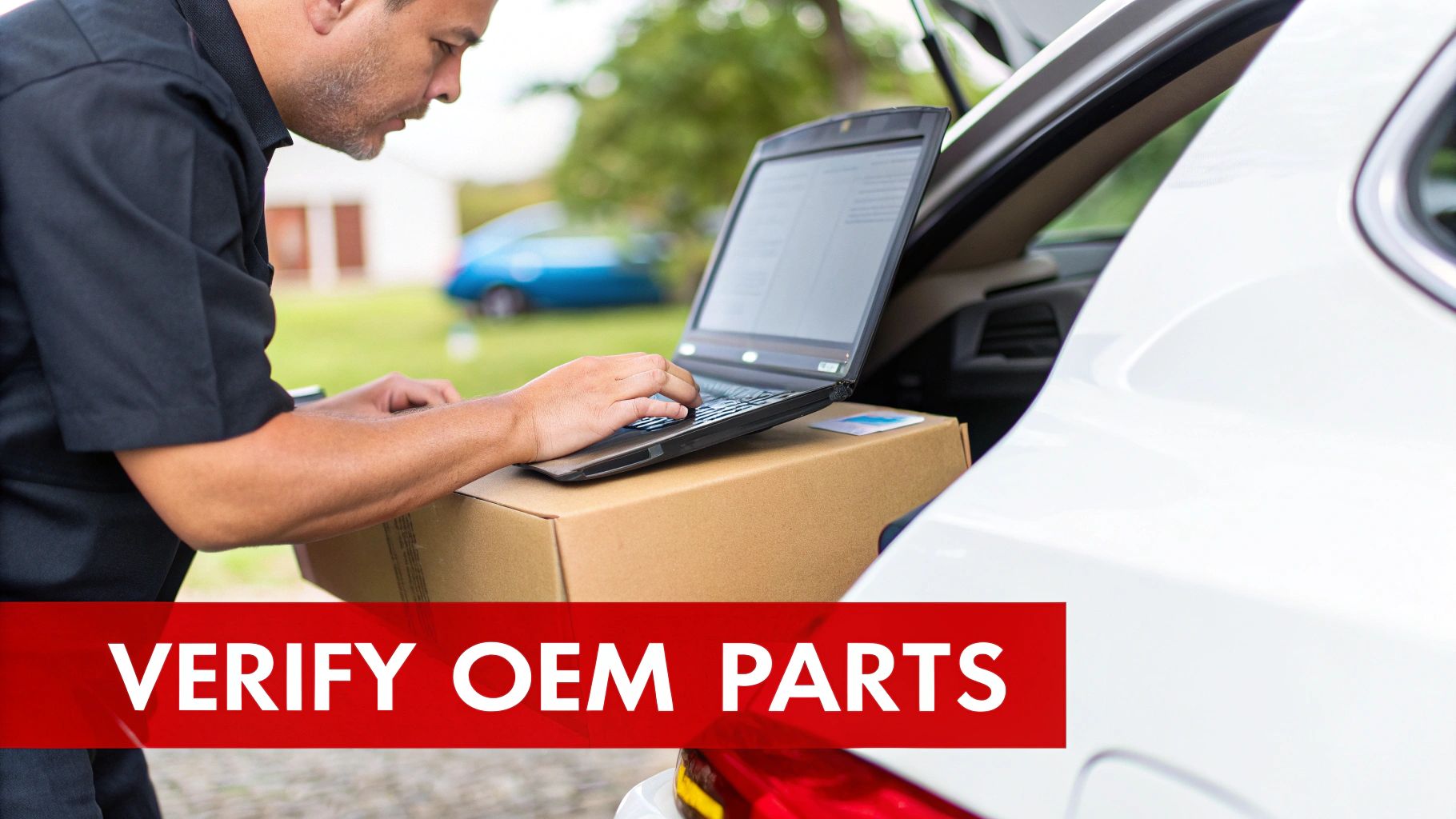 A mechanic carefully inspecting an engine part under good lighting.