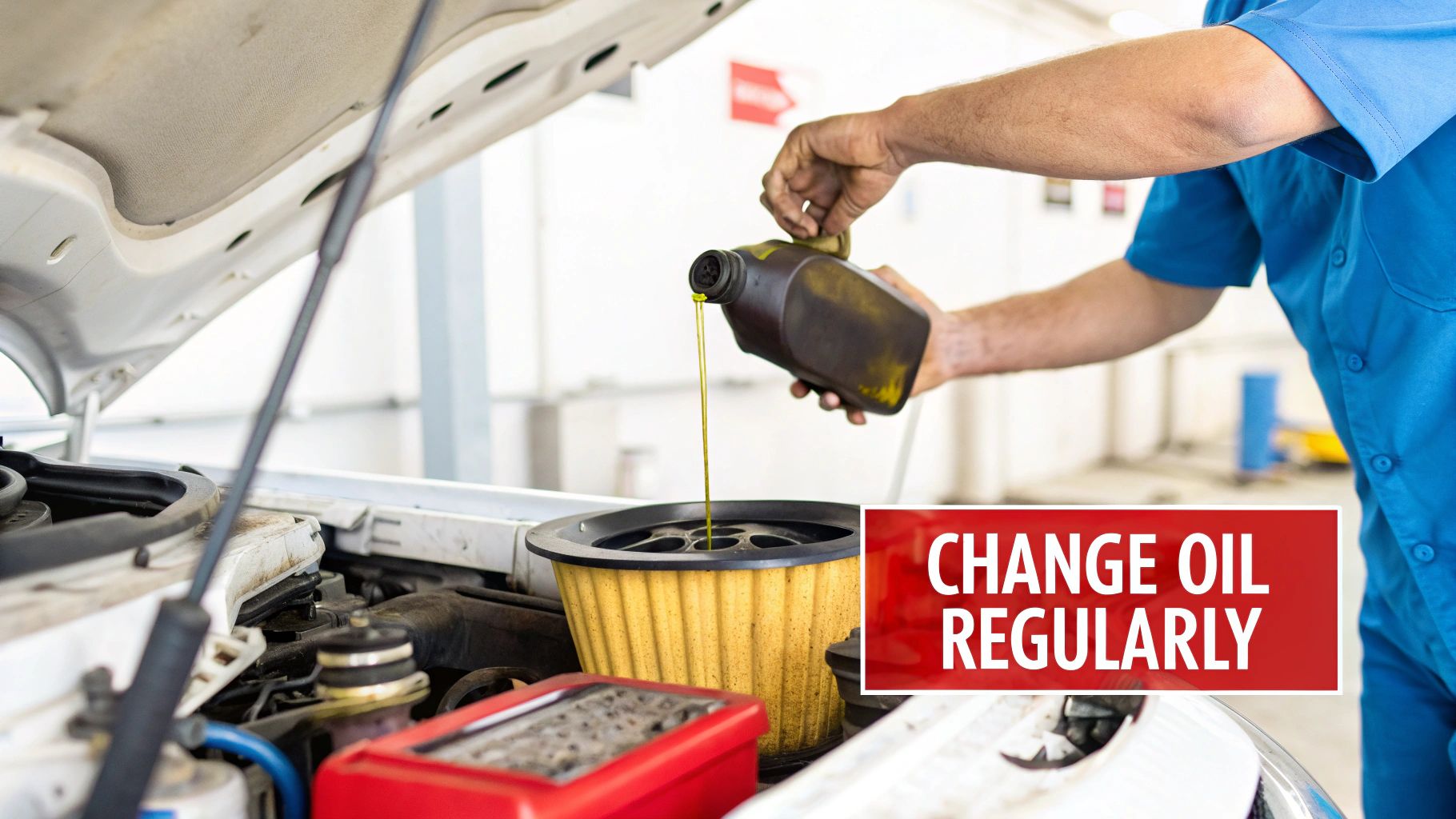 A mechanic in a blue shirt pours fresh oil into a car engine, emphasizing regular maintenance.