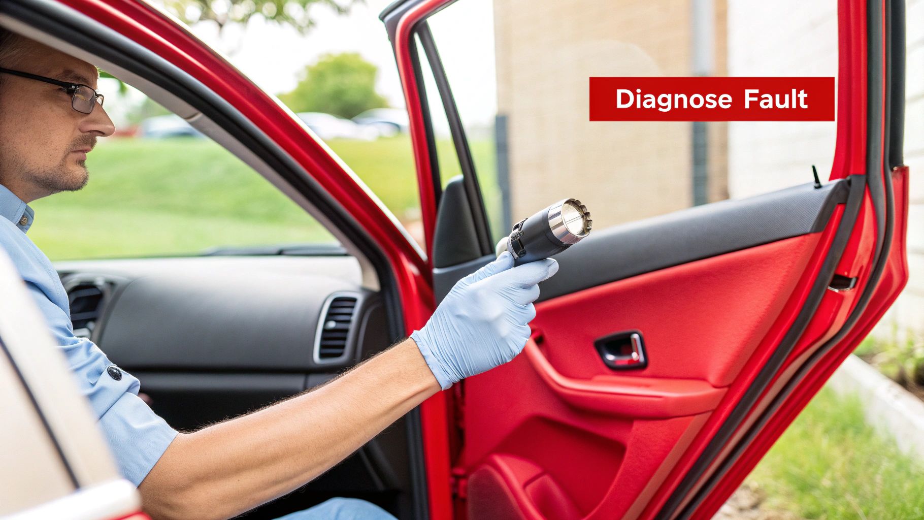 A technician in a red car, wearing a glove, examines the car door panel with a diagnostic tool.