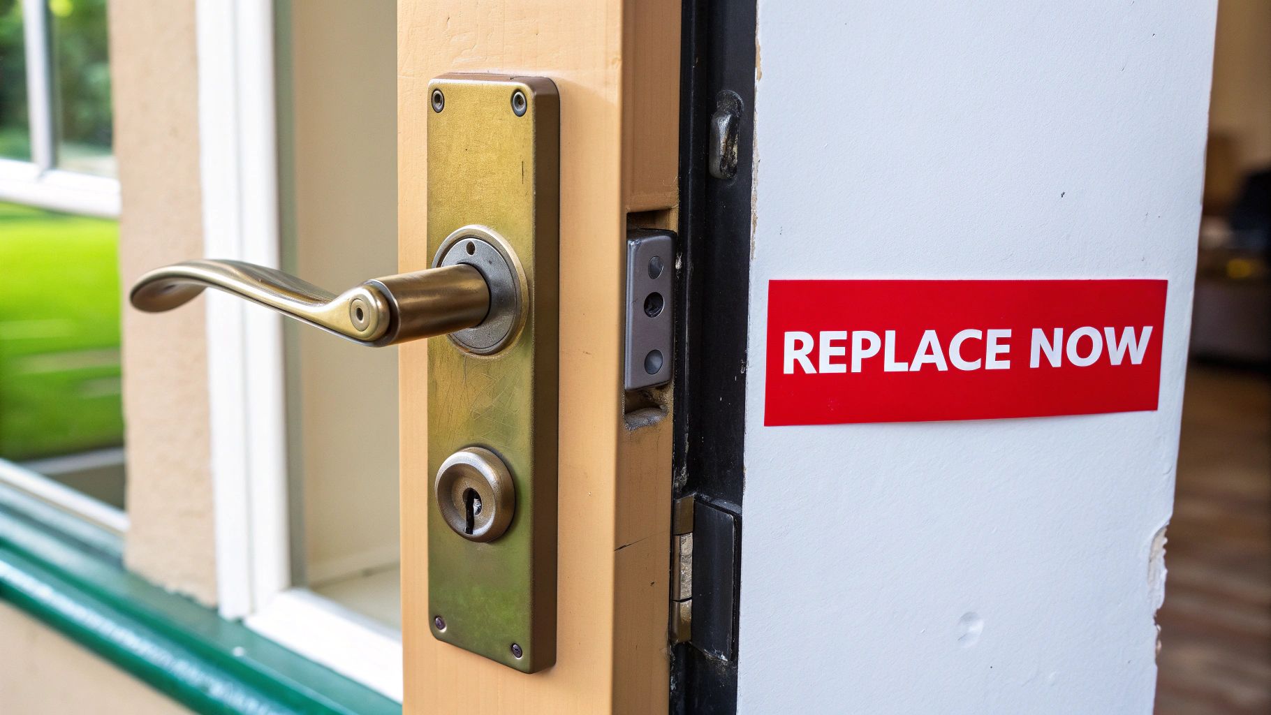 A person's hand turning a modern, silver door handle on a white door.