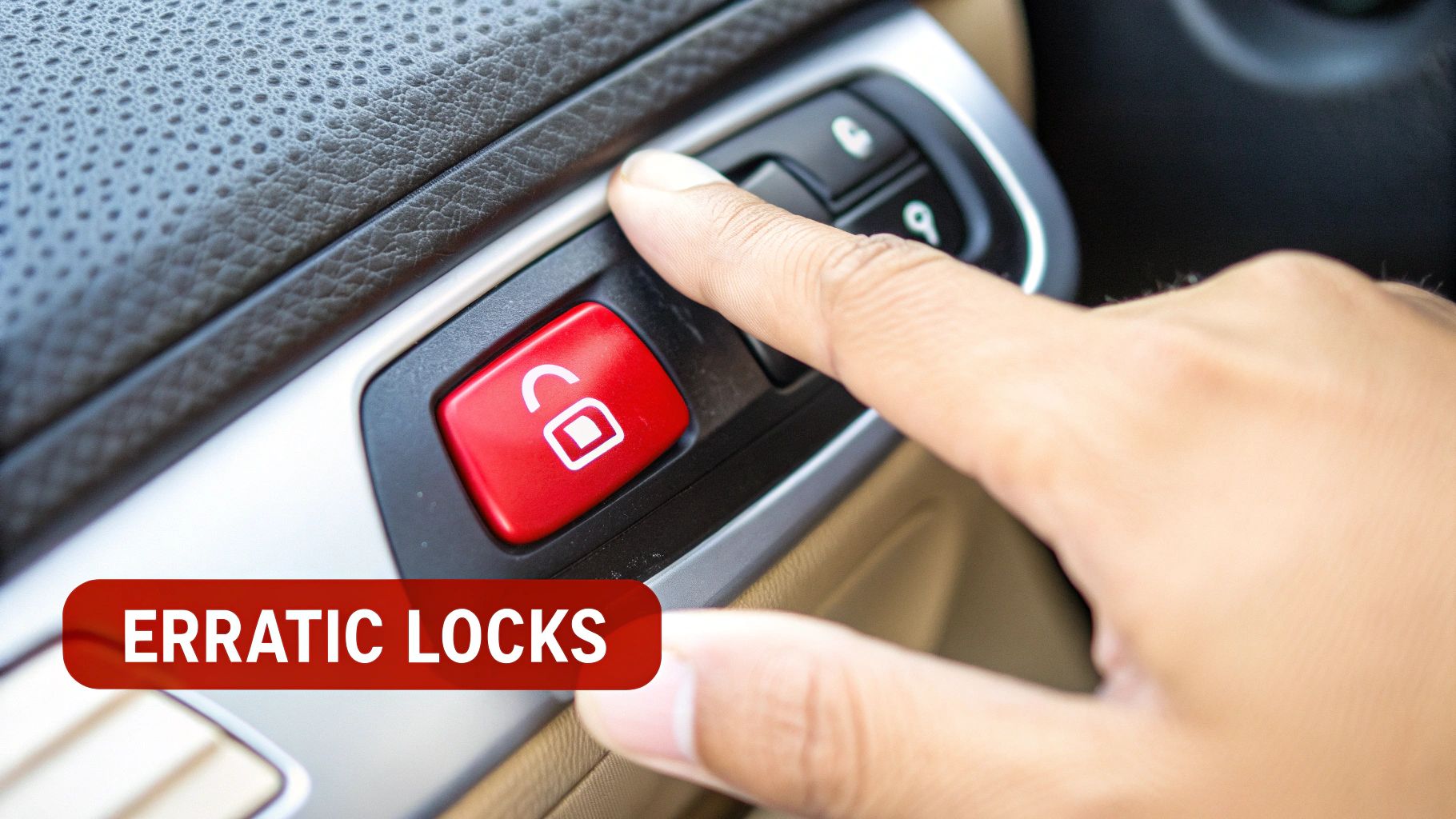 A person's finger presses a red car door unlock button, highlighting erratic lock issues.