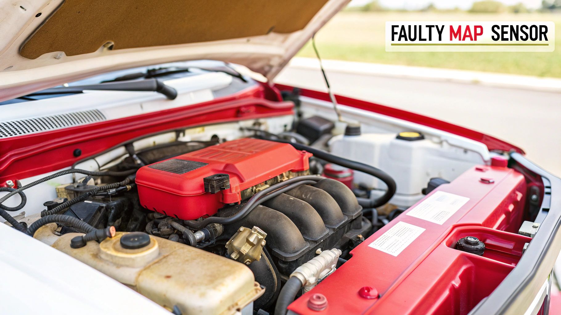 A close-up view of an open car engine bay with a red engine cover, showing various components and a text overlay indicating a faulty MAP sensor.